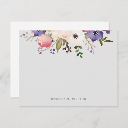 エレガントフローラピンク紫パーソナライズされた文具 ノートカード (正面/裏面)