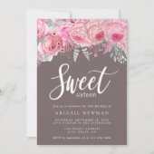 エレガントフローラピンク色の金ゴールド銀sweet sixteen 招待状 (正面)