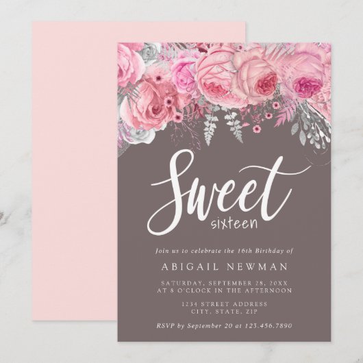 エレガントフローラピンク色の金ゴールド銀sweet sixteen 招待状 (正面/裏面)