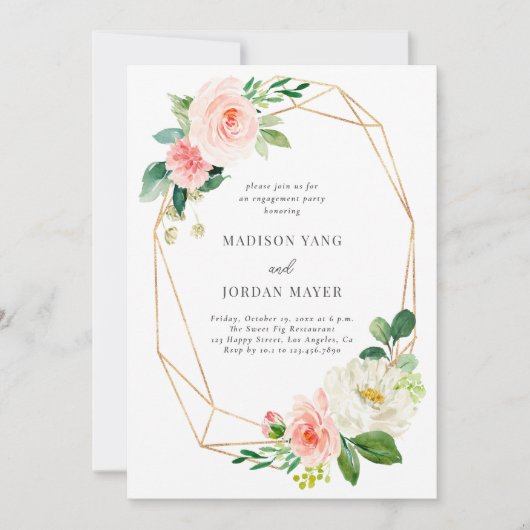 エレガントフローラピンク赤面スクリプト婚約パーティ 招待状 (正面)