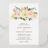 エレガントフローラピンク赤面結婚バラ金ゴールド 箔招待状 (正面)