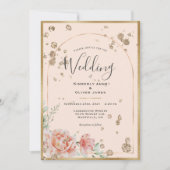 エレガントフローラピーチ金ゴールド結婚ズ 招待状 (正面)