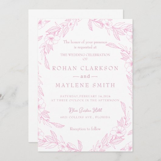 エレガントフローラピ淡い色のンク結婚式招待状 招待状 (正面/裏面)