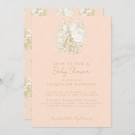 エレガントフローラフランスのトイルピンク金ゴールドベビーシャワー 招待状 (正面/裏面)