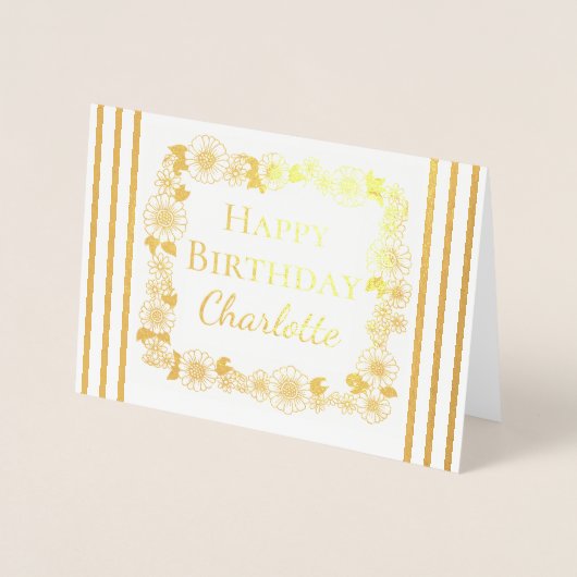 エレガントフローラフレームハッピーバースデー実在金ゴールド 箔カード (正面)