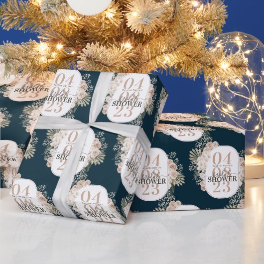 エレガントフローラフレームブライダルシャワーネイビーブルー ラッピングペーパー (クリスマス)