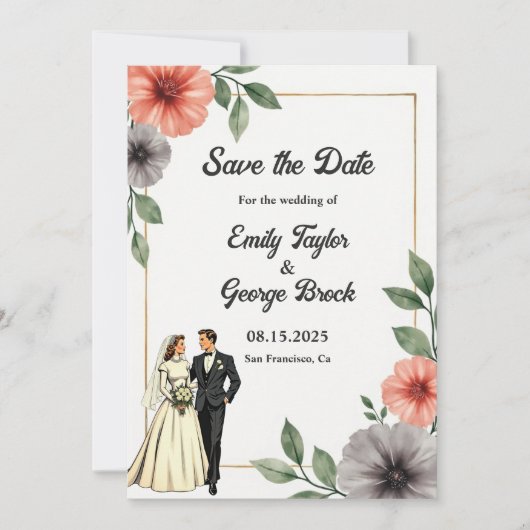 エレガントフローラフレーム新郎新婦シック結婚ズ セーブザデート (正面)