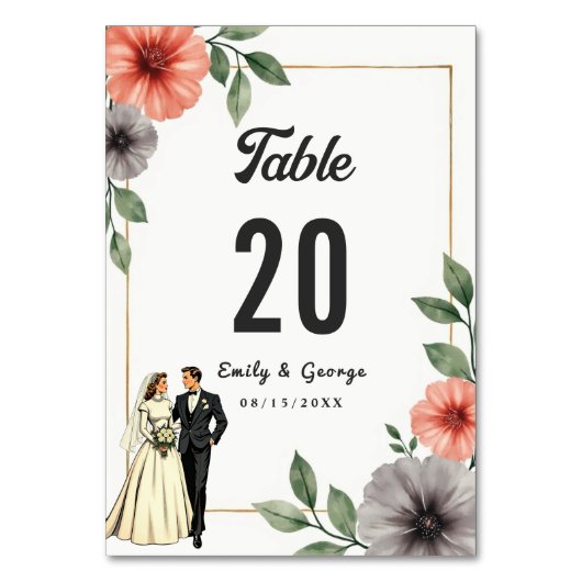 エレガントフローラフレーム新郎新婦シック結婚ズ テーブルナンバー (正面)