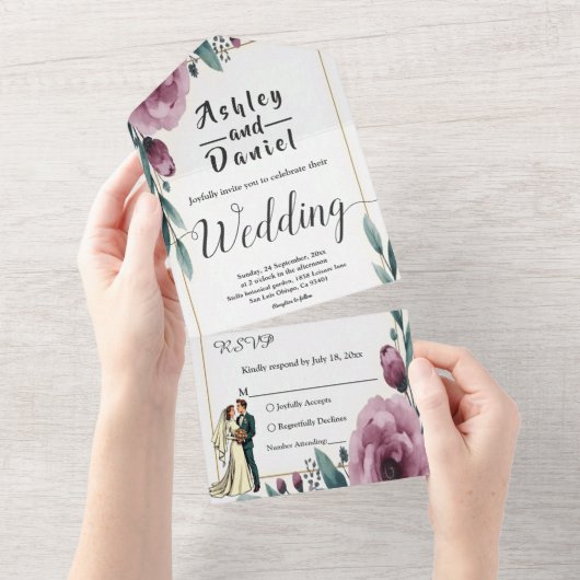 エレガントフローラフレーム新郎新婦ボホ結婚の オールインワン招待状 (貼ってはがせる)