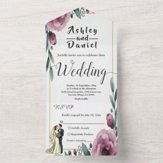 エレガントフローラフレーム新郎新婦ボホ結婚の オールインワン招待状 (内側)