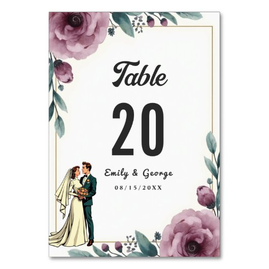 エレガントフローラフレーム新郎新婦ボホ結婚の テーブルナンバー (正面)