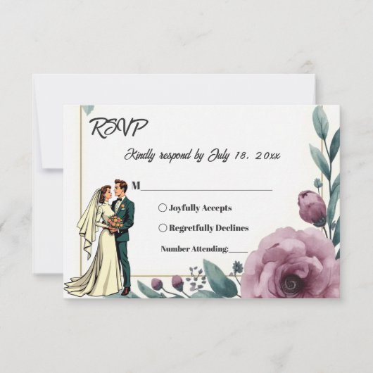 エレガントフローラフレーム新郎新婦ボホ結婚の 出欠カード (正面)