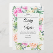 エレガントフローラフレーム水の色結婚の 招待状 (正面/裏面)