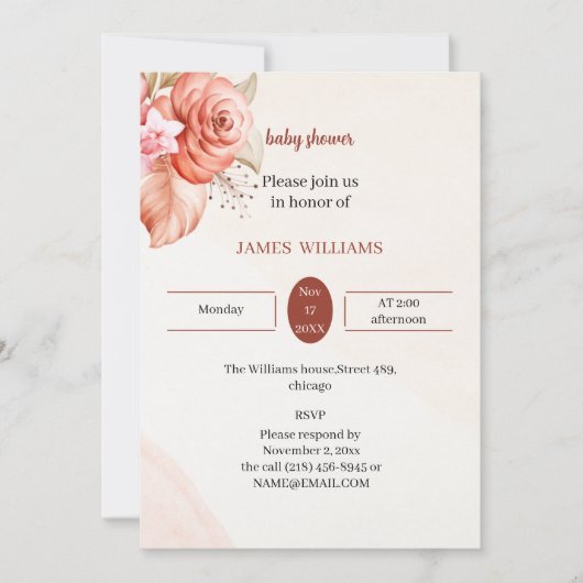 エレガントフローラフレーム赤ちゃんシャワーカスタマイズ 招待状 (正面)