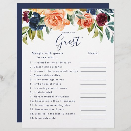 エレガントフローラブライダルシャワーゲストゲームを検索 (正面/裏面)