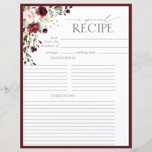 エレガントフローラブライダルシャワーレシピバインダーページ (裏面)