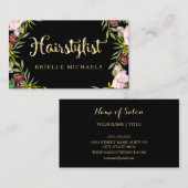 エレガントフローラブラックと金ゴールドフェイクヘアスタイリスト 名刺 (正面/裏面)