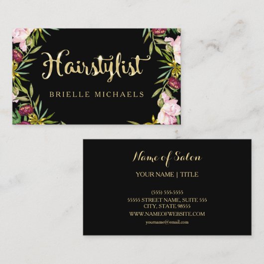エレガントフローラブラックと金ゴールドフェイクヘアスタイリスト 名刺 (正面/裏面)