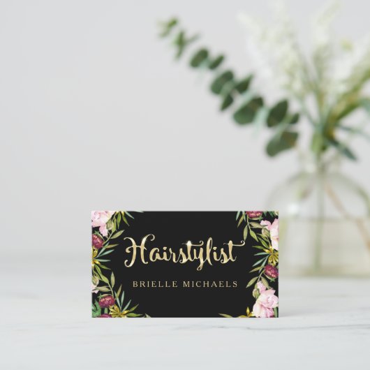 エレガントフローラブラックと金ゴールドフェイクヘアスタイリスト 名刺 (スタンド正面)