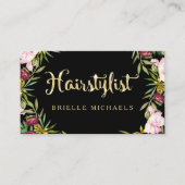 エレガントフローラブラックと金ゴールドフェイクヘアスタイリスト 名刺 (正面)