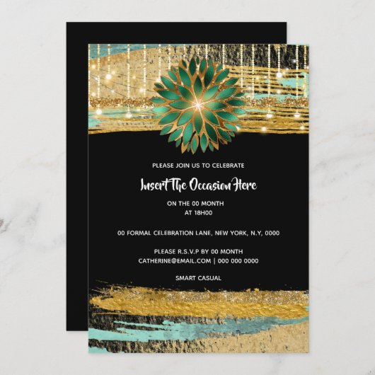 エレガントフローラブラック金ゴールドティール（緑がかった色）誕生日パーティー 招待状 (正面/裏面)