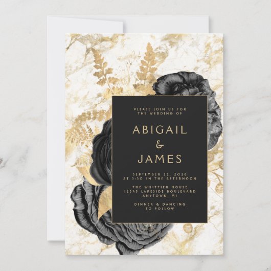 エレガントフローラブラック金ゴールドホワイトマーブル結婚ズ 招待状 (正面)