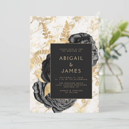 エレガントフローラブラック金ゴールドホワイトマーブル結婚ズ 招待状 (スタンド正面)