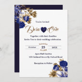 エレガントフローラブルーとブラウンウォーター結婚カラー 招待状 (正面/裏面)