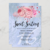 エレガントフローラブルーグリッター大理石sweet sixteen 招待状 (正面/裏面)