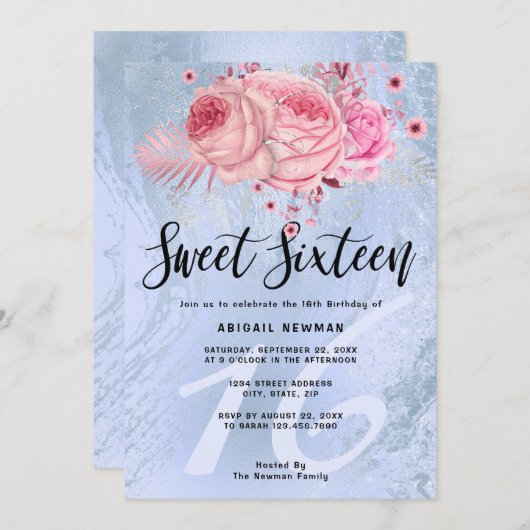 エレガントフローラブルーグリッター大理石sweet sixteen 招待状 (正面/裏面)