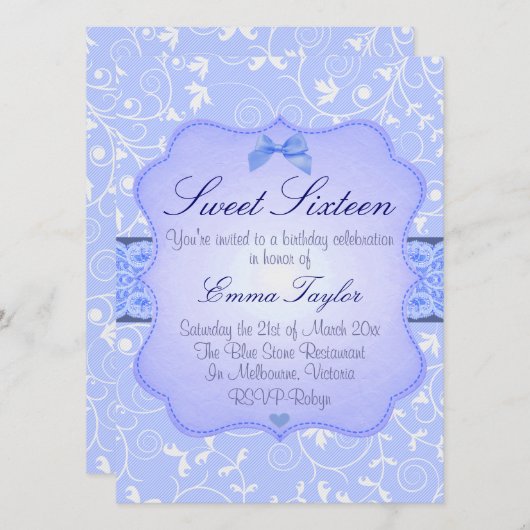 エレガントフローラブルースウィート16誕生日招待状 招待状 (正面/裏面)