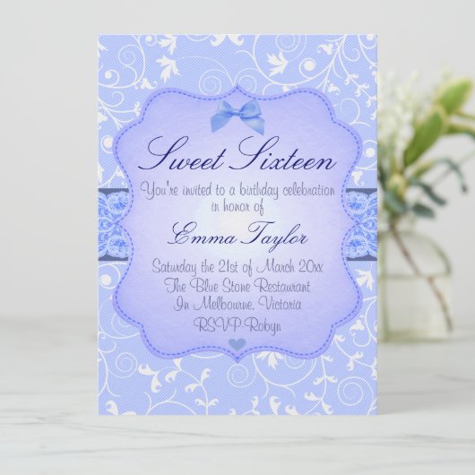 エレガントフローラブルースウィート16誕生日招待状 招待状 (スタンド正面)