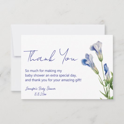 エレガントフローラブルースクリプト赤ちゃんシャワー サンキューカード (正面)