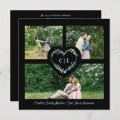 エレガントフローラブルーハート3写真婚約 招待状 (正面/裏面)