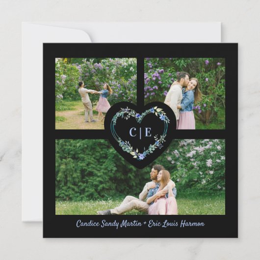 エレガントフローラブルーハート3写真婚約 招待状 (正面)