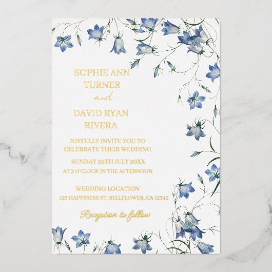 エレガントフローラブルーベル結婚フラワー 箔招待状 (正面)