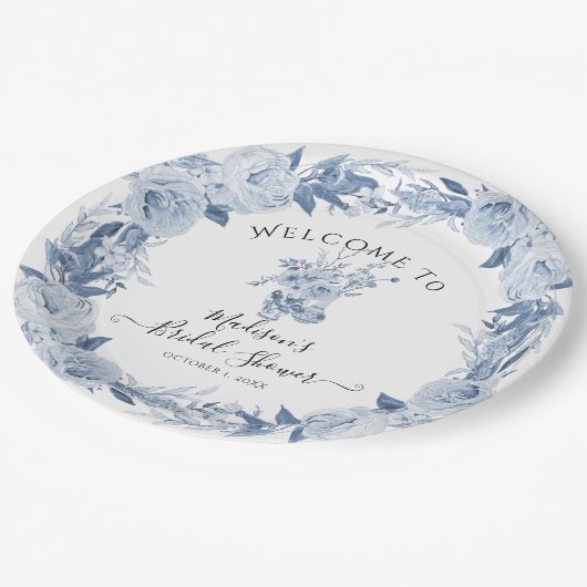 エレガントフローラブルーホワイトウェルカムブライダルシャワー ペーパープレート (アングル)