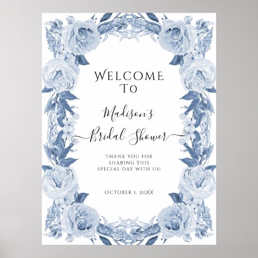 エレガントフローラブルーホワイトウェルカムブライダルシャワー ポスター (正面)