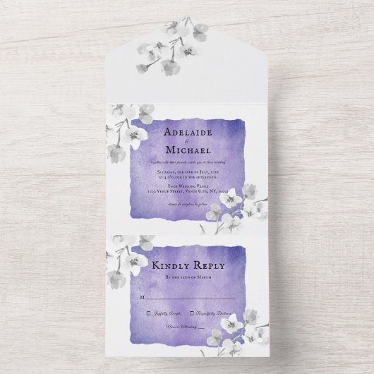 エレガントフローラブルーラベンダーウォーター結婚カラー オールインワン招待状 (内側)