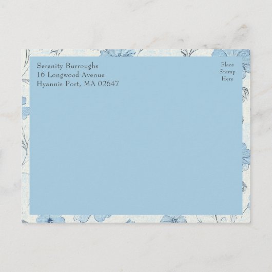 エレガントフローラブルー庭園の結婚式日付の保存 案内ポストカード (裏面)