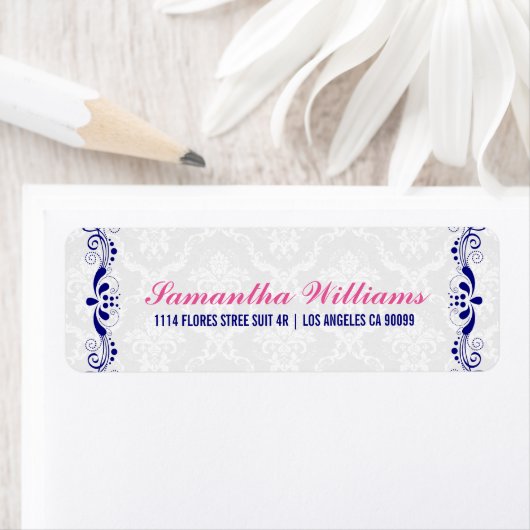エレガントフローラブルー王室のレースホワイトダマスク ラベル (インサイチュ)