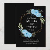 エレガントフローラブルー結婚フラワーブラック 招待状 (正面/裏面)
