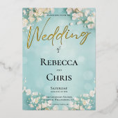 エレガントフローラブルー結婚《写真》ぼけ味金ゴールド 箔招待状 (正面)