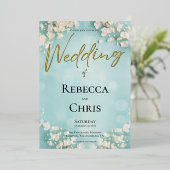 エレガントフローラブルー結婚《写真》ぼけ味金ゴールド 箔招待状 (立ち正面)