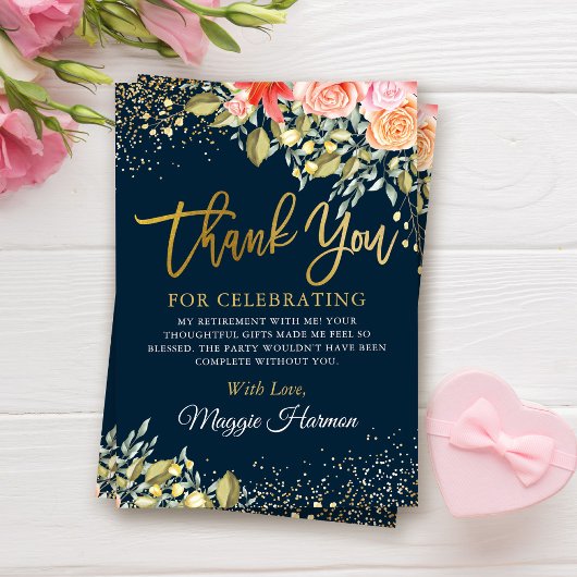 エレガントフローラブルー金ゴールドサプライズ退職パーティー サンキューカード