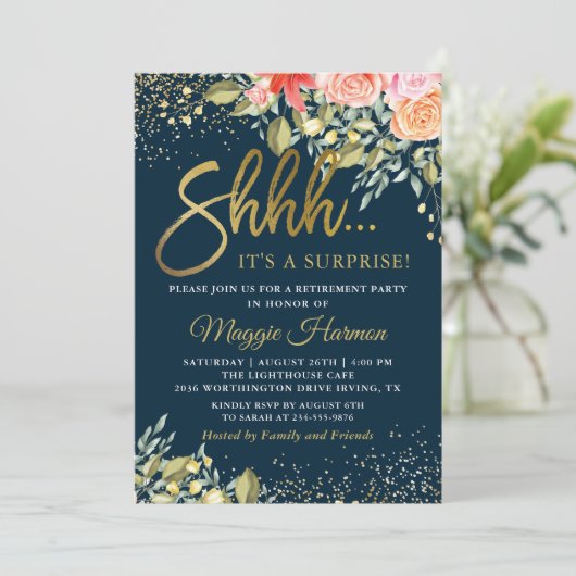 エレガントフローラブルー金ゴールドサプライズ退職パーティー 招待状 (スタンド正面)