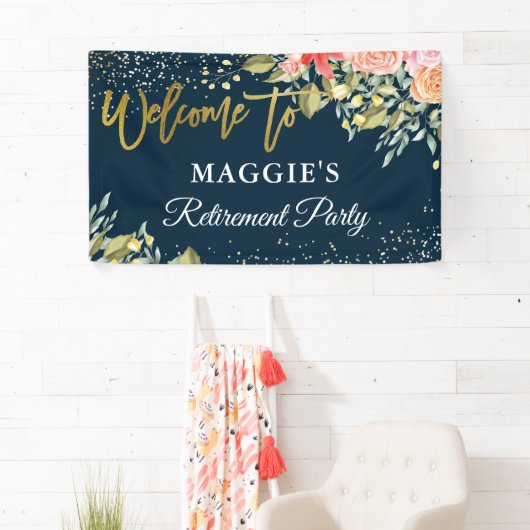 エレガントフローラブルー金ゴールド退職パーティーバナー 横断幕 (インサイチュ)