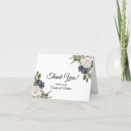 エレガントフローラブルー，ピンク結婚のサンキューカード サンキューカード
