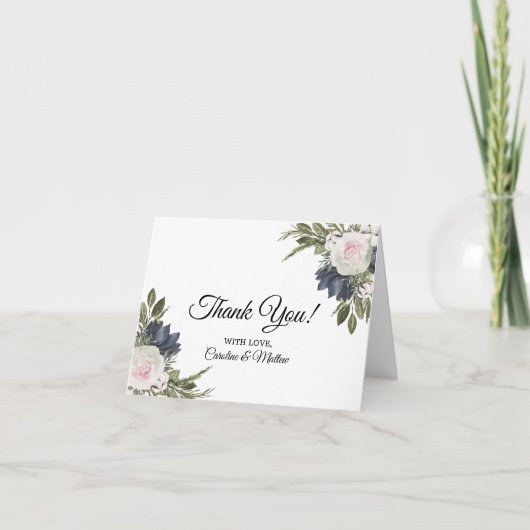 エレガントフローラブルー，ピンク結婚のサンキューカード サンキューカード (正面)