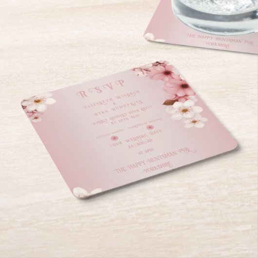 エレガントフローラブロッサム結婚式招待状デザイン スクエアペーパーコースター (アングル)